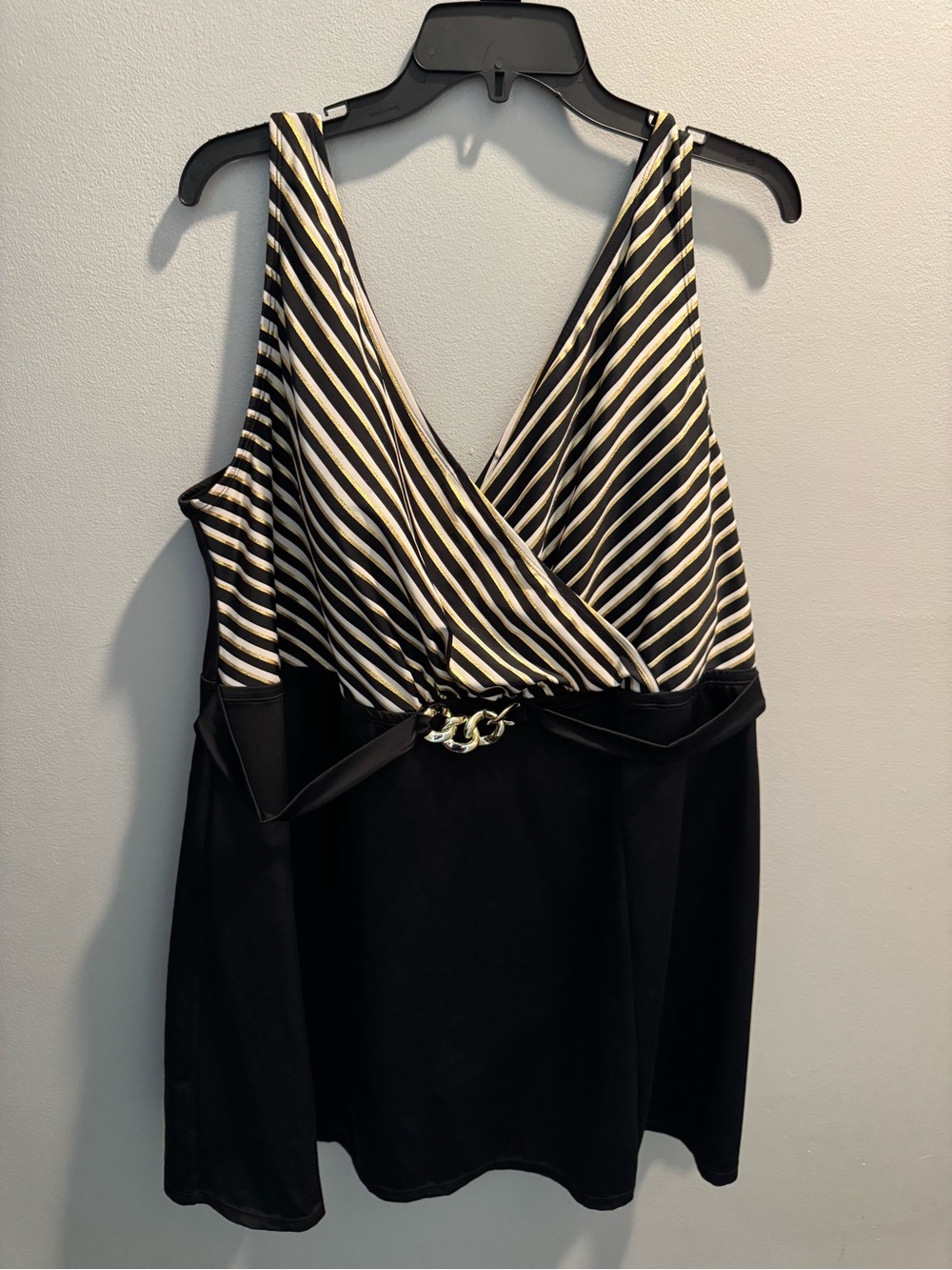 Black and Cream Striped V-Neck Tank with Chain Accent Plus Size 26 Bathing suit